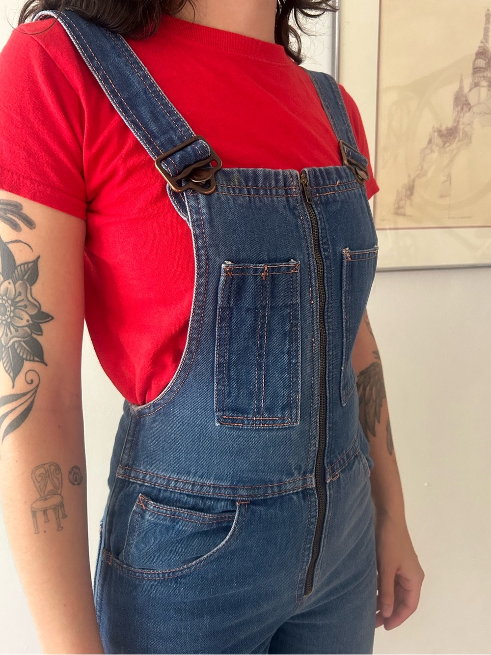 VINTAGE 70s Denim bell bottom overalls - Picture 3 of 16